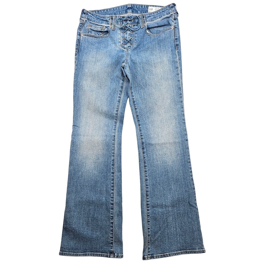 Gap Long & Lean Low Rise Lace Up Front Flare Jeans Blue Denim Womens Size 8R 29